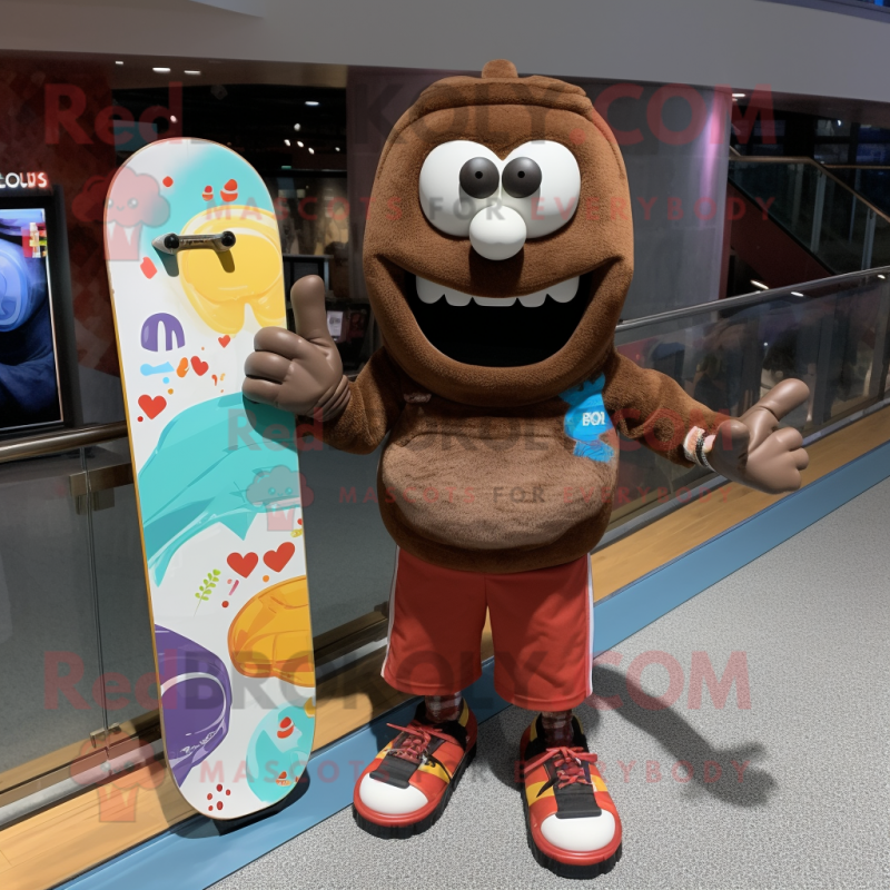 Brown Skateboard mascot costume character dressed with a Graphic Tee and Coin purses Brown Skateboard mascot costume character dressed with a Graphic Tee and Coin purses