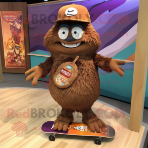 Brown Skateboard mascot costume character dressed with a Graphic Tee and Coin purses