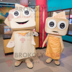 Beige Fish Tacos mascot costume character dressed with a Sheath Dress and Headbands