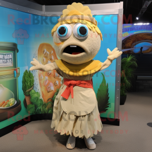 Beige Fish Tacos mascot costume character dressed with a Sheath Dress and Headbands