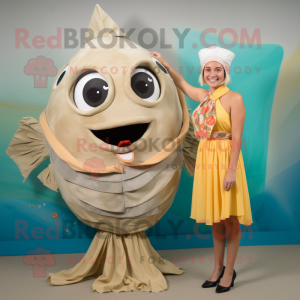 Beige Fish Tacos mascot costume character dressed with a Sheath Dress and Headbands