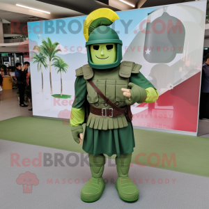 Green Spartan Soldier mascot costume character dressed with a Skirt and Pocket squares