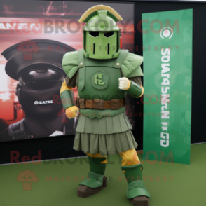 Green Spartan Soldier mascot costume character dressed with a Skirt and Pocket squares