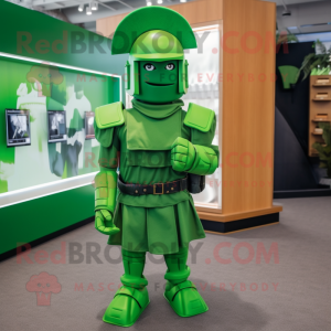 Green Spartan Soldier mascot costume character dressed with a Skirt and Pocket squares