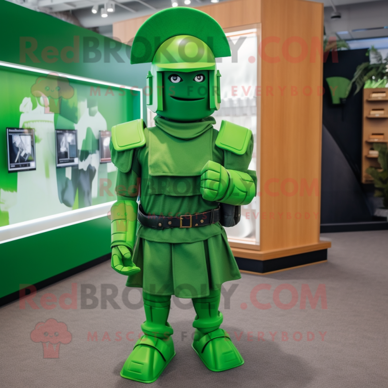 Green Spartan Soldier mascot costume character dressed with a Skirt and Pocket squares