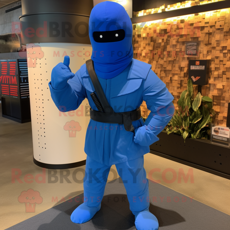 Blue Gi Joe mascot costume character dressed with a Coat and Hairpins