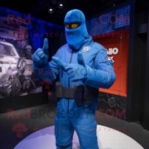 Blue Gi Joe mascot costume character dressed with a Coat and Hairpins