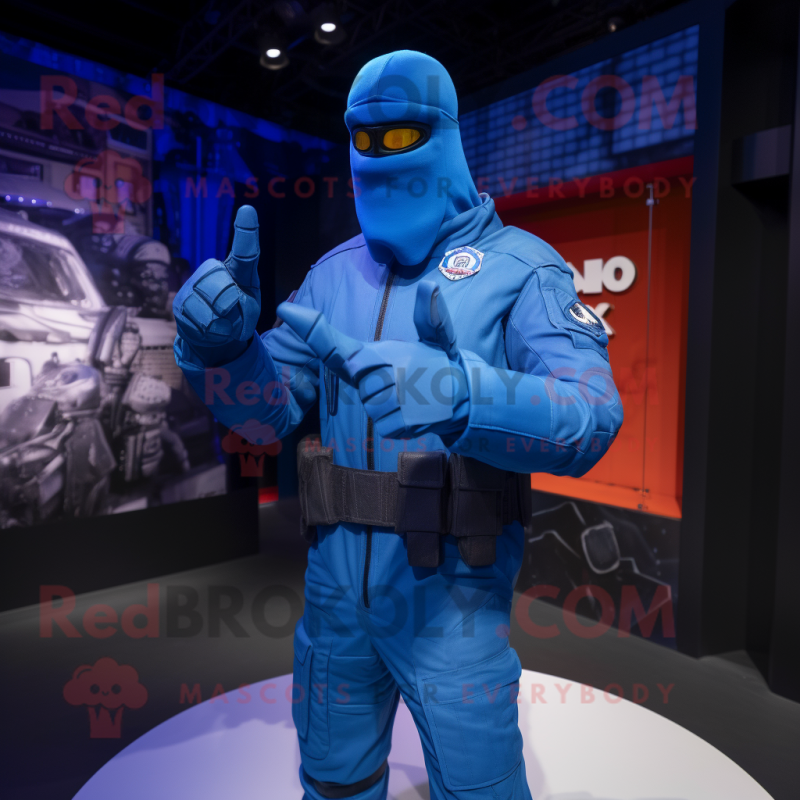 Blue Gi Joe mascot costume character dressed with a Coat and Hairpins Blue Gi Joe mascot costume character dressed with a Coat and Hairpins