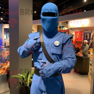 Blue Gi Joe mascot costume character dressed with a Coat and Hairpins