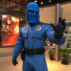 Blue Gi Joe mascot costume character dressed with a Coat and Hairpins