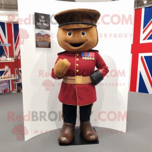 Brown British Royal Guard mascot costume character dressed with a Overalls and Pocket squares