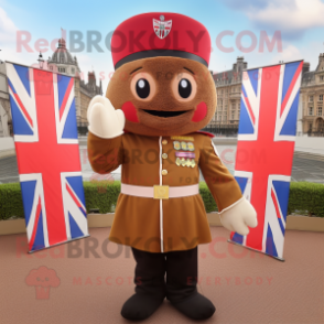 Brown British Royal Guard mascot costume character dressed with a Overalls and Pocket squares