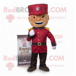 Brown British Royal Guard mascot costume character dressed with a Overalls and Pocket squares