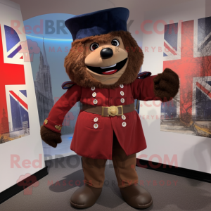 Brown British Royal Guard mascot costume character dressed with a Overalls and Pocket squares