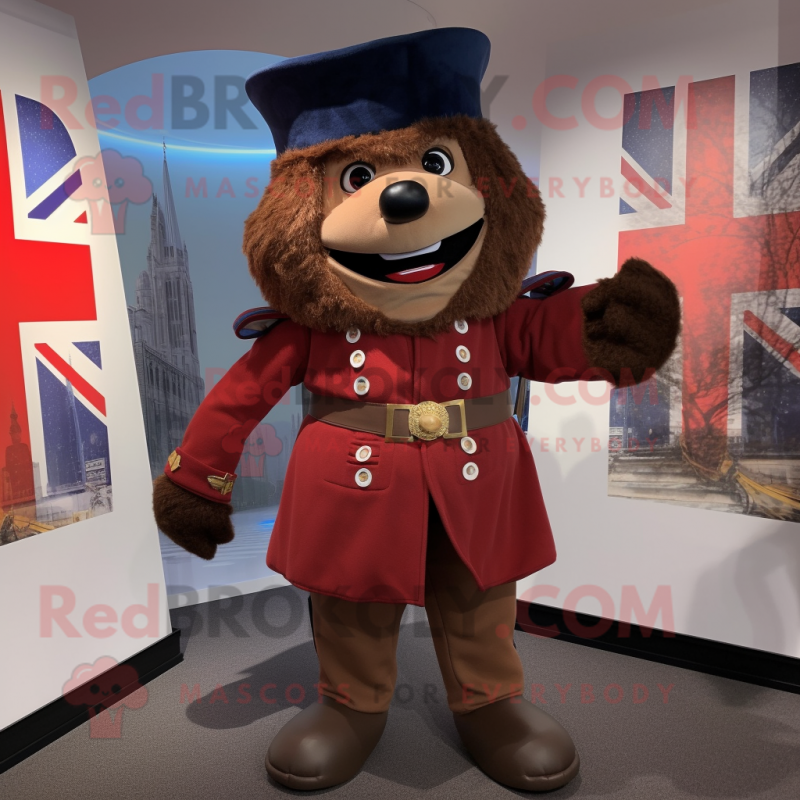 Brown British Royal Guard mascot costume character dressed with a Overalls and Pocket squares Brown British Royal Guard mascot costume character dressed with a Overalls and Pocket squares