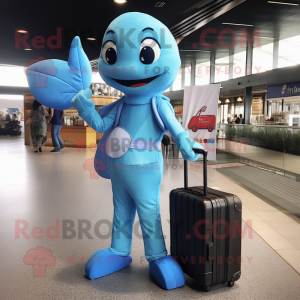 Sky Blue Mermaid mascot costume character dressed with a Jumpsuit and Briefcases