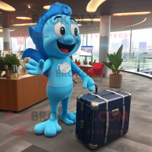 Sky Blue Mermaid mascot costume character dressed with a Jumpsuit and Briefcases