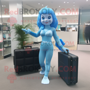 Sky Blue Mermaid mascot costume character dressed with a Jumpsuit and Briefcases