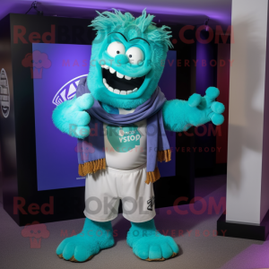 Turquoise Frankenstein'S Monster mascot costume character dressed with a Henley Shirt and Scarf clips