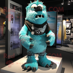 Turquoise Frankenstein'S Monster mascot costume character dressed with a Henley Shirt and Scarf clips