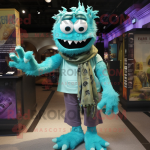 Turquoise Frankenstein'S Monster mascot costume character dressed with a Henley Shirt and Scarf clips