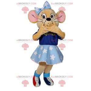 Mascotte de petite souris avec son tutu et son t-shirt bleus -