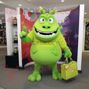 Lime Green Ogre mascot costume character dressed with a Turtleneck and Handbags