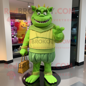 Lime Green Ogre mascot costume character dressed with a Turtleneck and Handbags