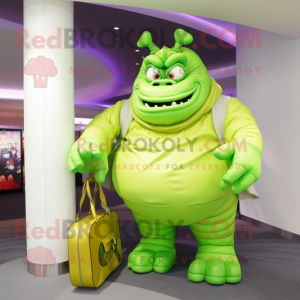 Lime Green Ogre mascot costume character dressed with a Turtleneck and Handbags