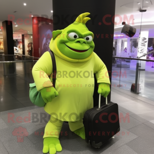 Lime Green Ogre mascot costume character dressed with a Turtleneck and Handbags