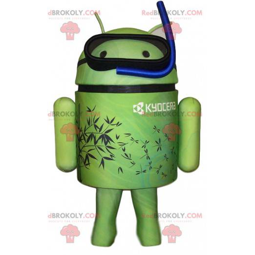 Maskottchen grüner Android mit seiner blauen Tuba -