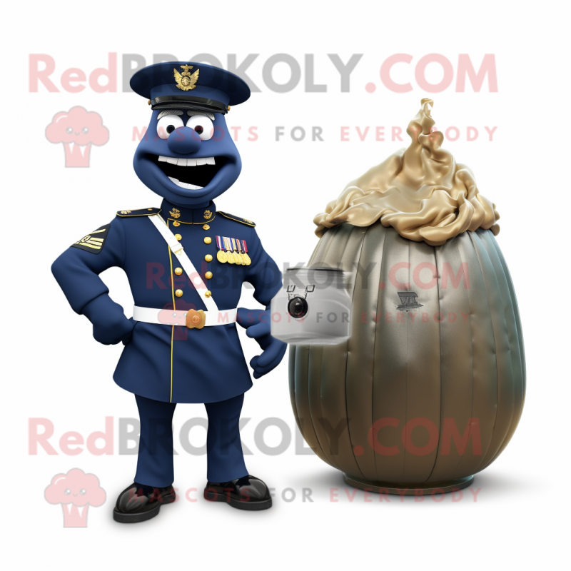 Navy Grenade mascot costume character dressed with a Cocktail Dress and Messenger bags