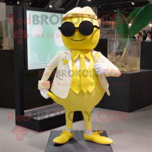 Lemon Yellow Trapeze Artist mascot costume character dressed with a Waistcoat and Sunglasses