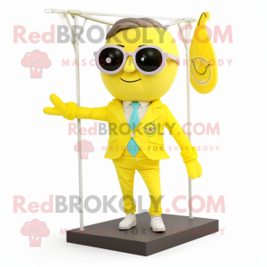 Lemon Yellow Trapeze Artist mascot costume character dressed with a Waistcoat and Sunglasses