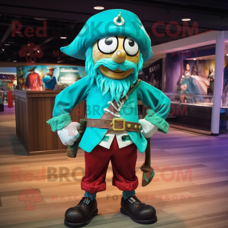 Cyan Pirate mascot costume character dressed with a Henley Shirt and Shoe laces