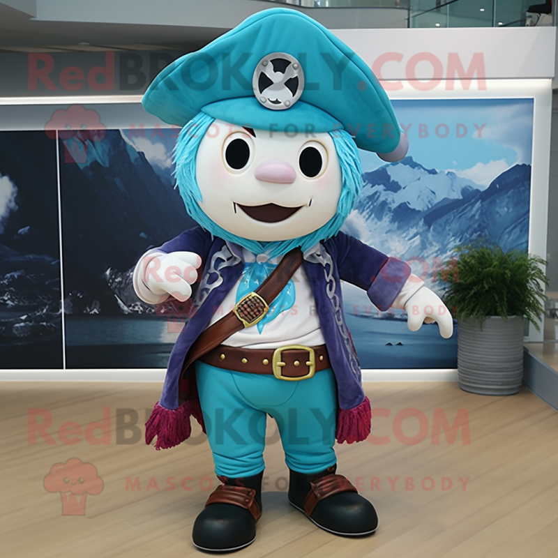 Cyan Pirate mascot costume character dressed with a Henley Shirt and Shoe laces