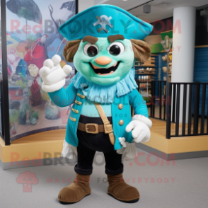 Cyan Pirate mascot costume character dressed with a Henley Shirt and Shoe laces