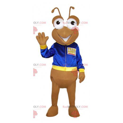 Formiga mascote bege com sua jaqueta azul - Redbrokoly.com