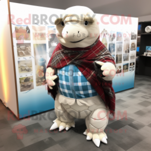 White Glyptodon mascot costume character dressed with a Flannel Shirt and Shawl pins