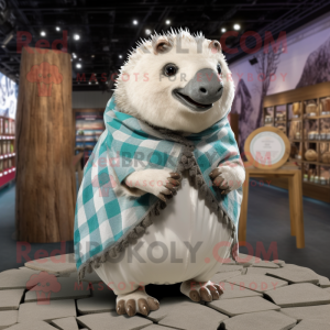 White Glyptodon mascot costume character dressed with a Flannel Shirt and Shawl pins