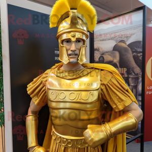 Gold Roman Soldier mascot costume character dressed with a Blazer and Headbands