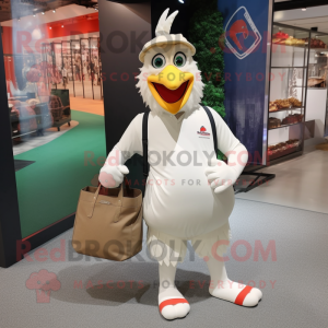 White Roosters mascot costume character dressed with a Cargo Shorts and Tote bags