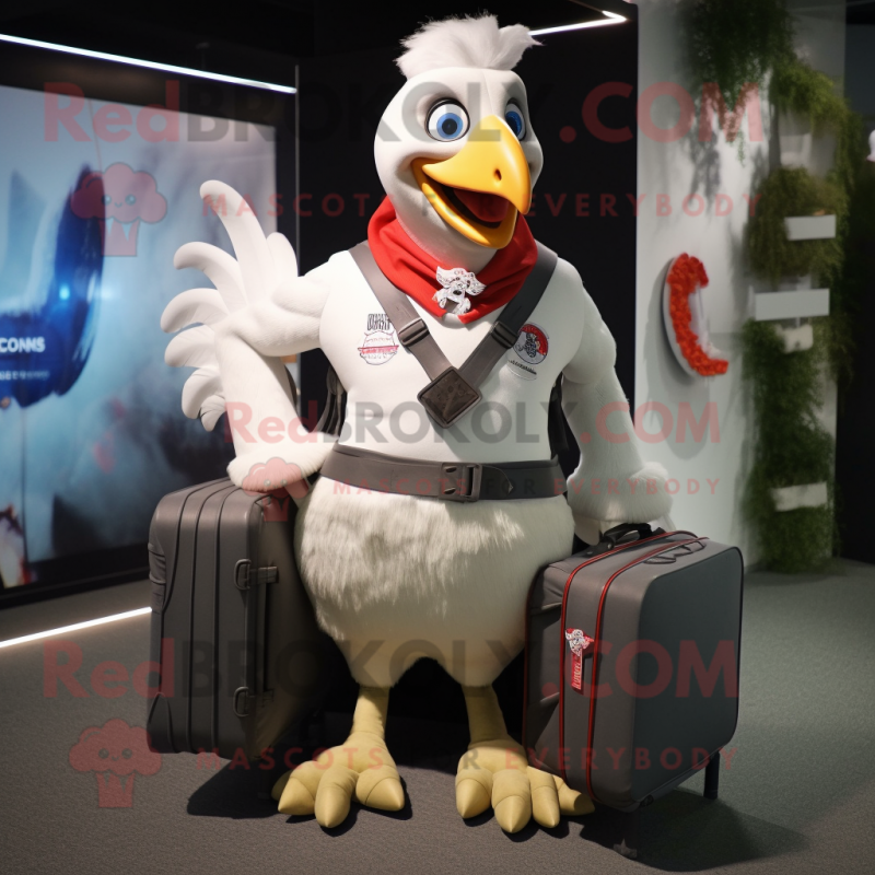 White Roosters mascot costume character dressed with a Cargo Shorts and Tote bags White Roosters mascot costume character dressed with a Cargo Shorts and Tote bags