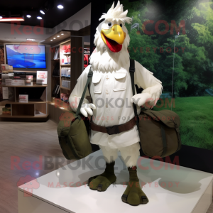 White Roosters mascot costume character dressed with a Cargo Shorts and Tote bags