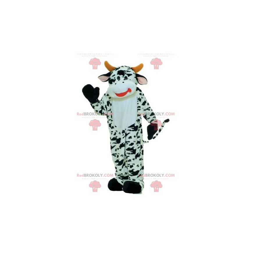 Zwart-witte koe mascotte met gele hoorns - Redbrokoly.com