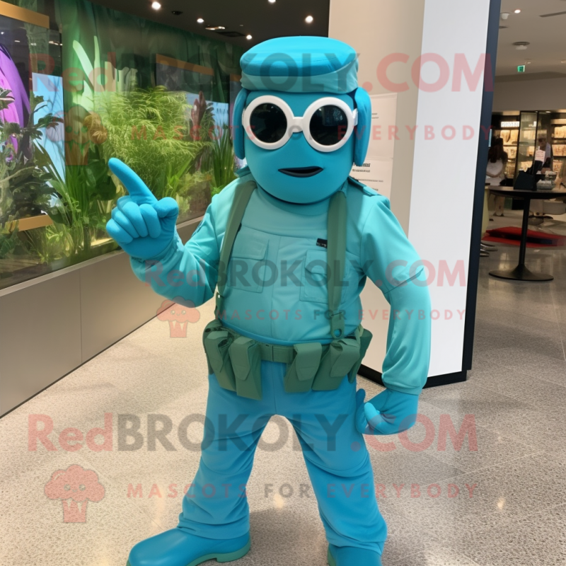 Turquoise Marine Recon mascot costume character dressed with a Midi Dress and Eyeglasses