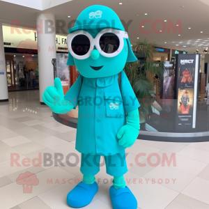 Turquoise Marine Recon mascot costume character dressed with a Midi Dress and Eyeglasses
