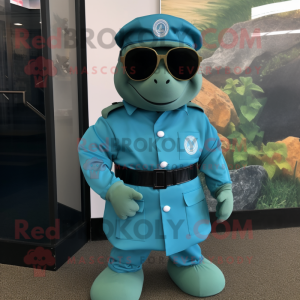 Turquoise Marine Recon mascot costume character dressed with a Midi Dress and Eyeglasses
