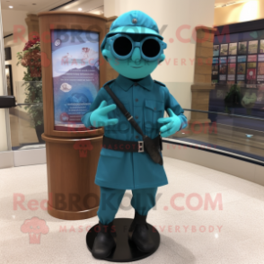 Turquoise Marine Recon mascot costume character dressed with a Midi Dress and Eyeglasses