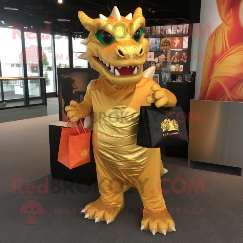 Gold Dragon mascot costume character dressed with a T-Shirt and Tote bags